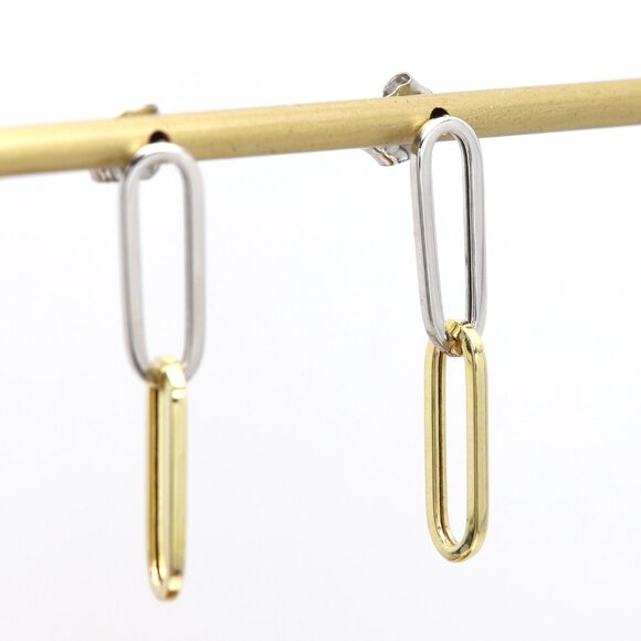 14k Two Colors Gold Paperclip Earrings 5mm wide -  1' Inch long Dangle Earrings - Picture 1 of 8